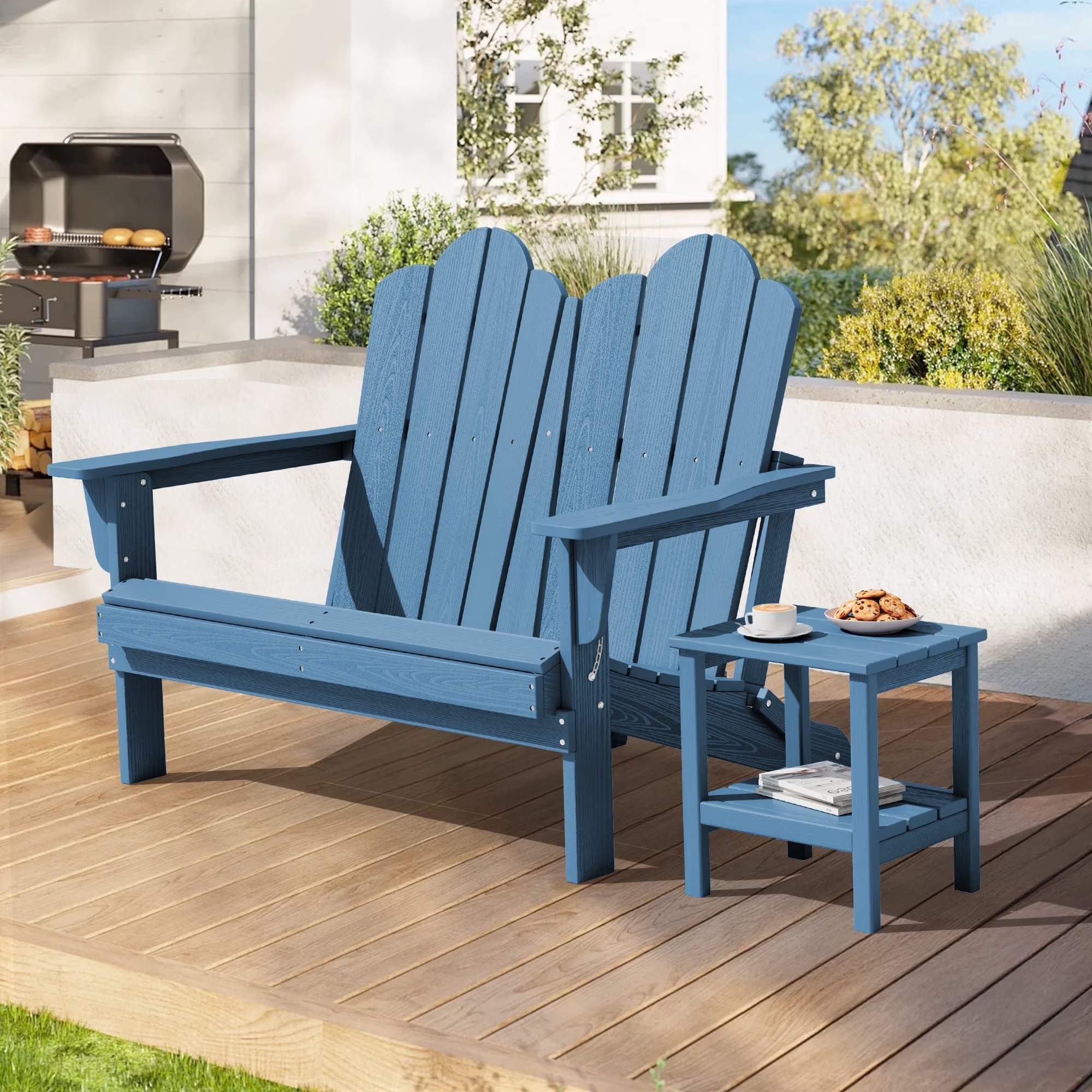 folding-adirondack-outdoor-bench-blue-deck Folding Adirondack Outdoor Bench for 2 – Blue - Image 1